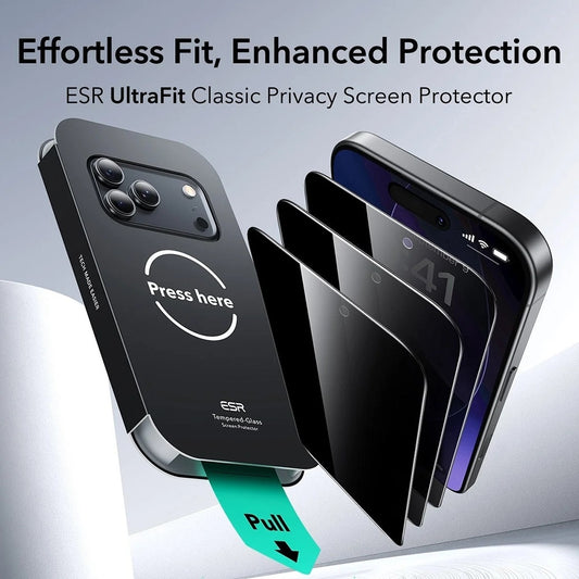 Näytön suojakalvo ESR UltraFit Privacy Apple iPhone 17 Pro Max -puhelimelle, Panssarilasi, Täysliima, 3 kappaleen setti