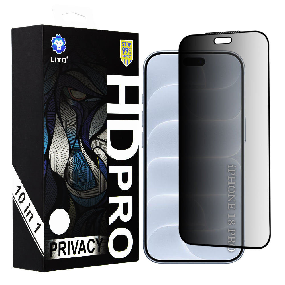 Lito HD Pro Privacy -näytönsuojalasi Apple iPhone 18 Prolle, karkaistua lasia, koko pinnan liimapinta, 10 kappaleen setti