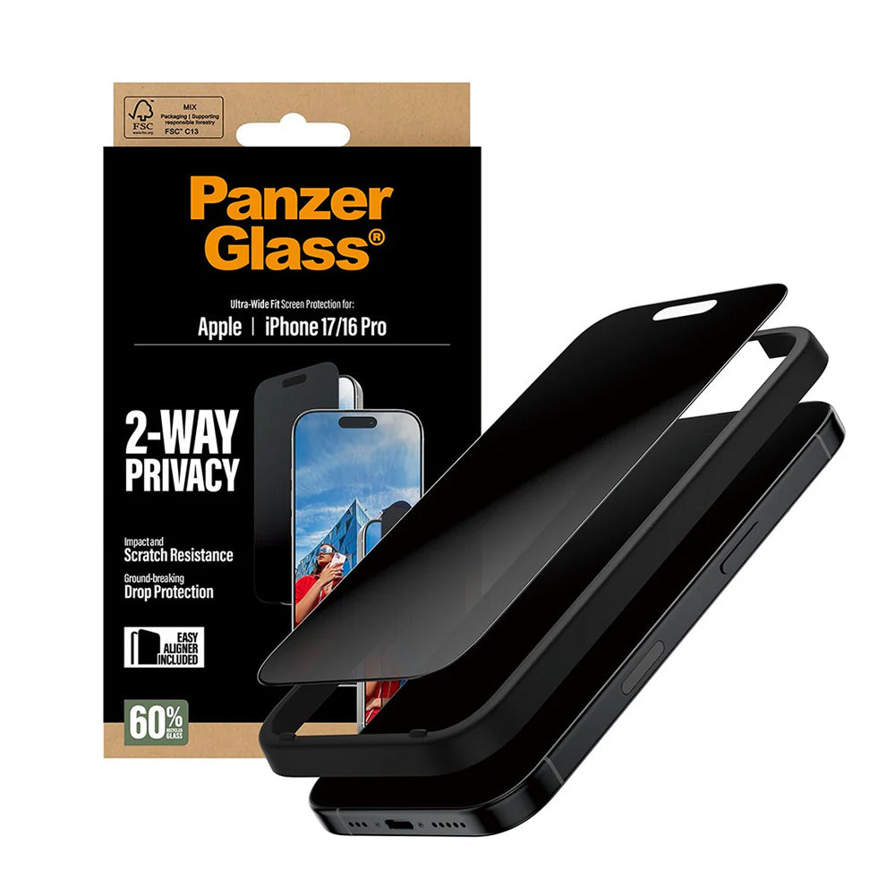 Näytön suojakalvo Privacy PanzerGlass Ultra-Wide Fit 2-Way EasyAligner Apple iPhone 17 / 16 Pro, Karkaistu lasi, Full Glue