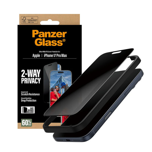 Privacy PanzerGlass Ultra-Wide Fit 2-Way EasyAligner -näytönsuojakalvo Apple iPhone 17 Pro Maxille, Turvalasi, Täysliima
