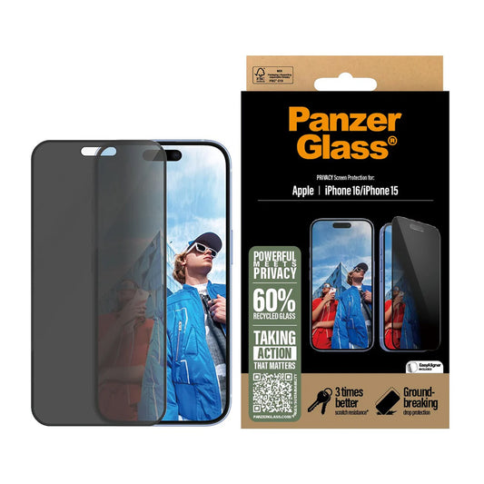 PanzerGlass Ultra-Wide Fit EasyAligner Privacy-näytönsuoja Apple iPhone 16 / 15 -puhelimille, Turvalasi, Täysliima