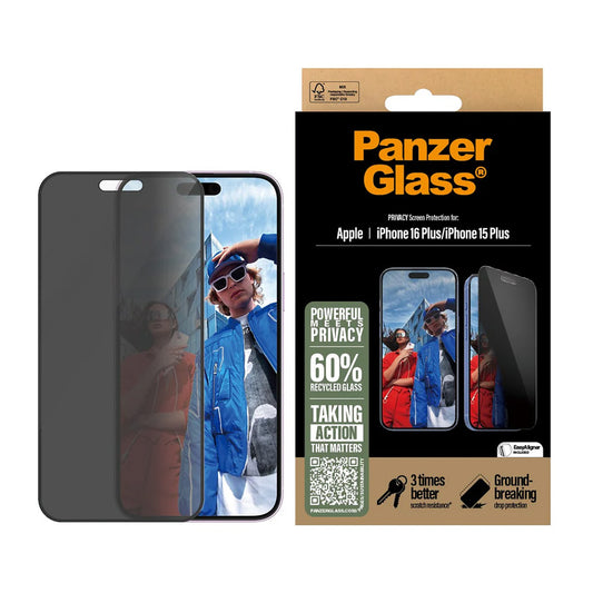 Privacy PanzerGlass Ultra-Wide Fit EasyAligner -näytönsuojakalvo Apple iPhone 16 Plus / 15 Plus -puhelimille, karkaistu lasi, täysliima