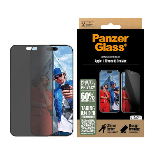 Näytön suojakalvo Privacy PanzerGlass Ultra-Wide Fit EasyAligner Apple iPhone 16 Pro Max, Karkaistu lasi, Full Glue