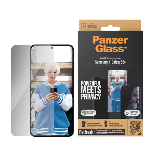 Näytönsuoja Privacy PanzerGlass Ultra-Wide Fit EasyAligner Samsung Galaxy S24 S921:lle, Karkaistu lasi, Täysliima