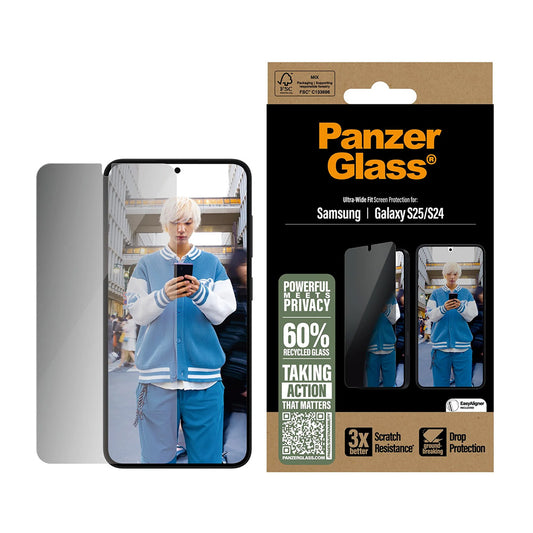 Privacy PanzerGlass Ultra-Wide Fit -näytönsuojakalvo Samsung Galaxy S25 S931 / S24 S921 -puhelimille, karkaistu lasi, täysliima