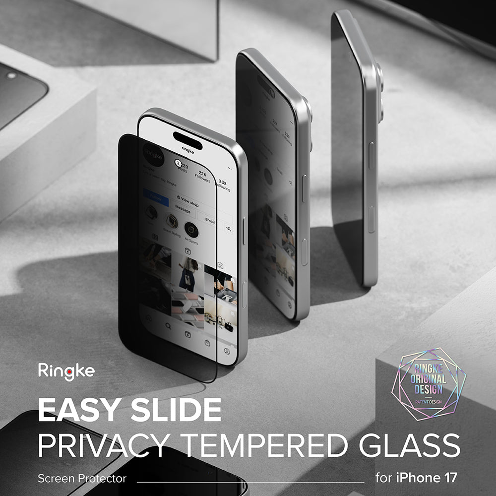 Ringke Easy Slide Privacy -näytönsuoja Apple iPhone 17 Prolle, karkaistu lasi, täysiliimainen, 2 kappaleen setti