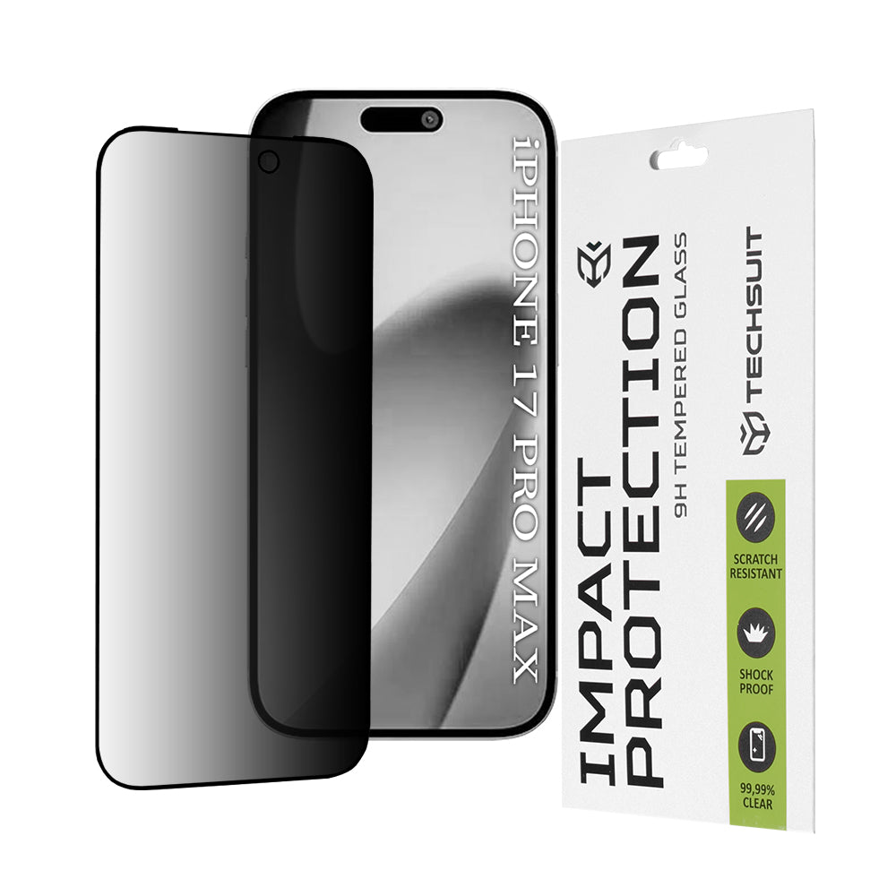 Privacy Techsuit -näytönsuojakalvo Apple iPhone 17 Pro Maxille, Panssarilasi, Full Glue, 111D
