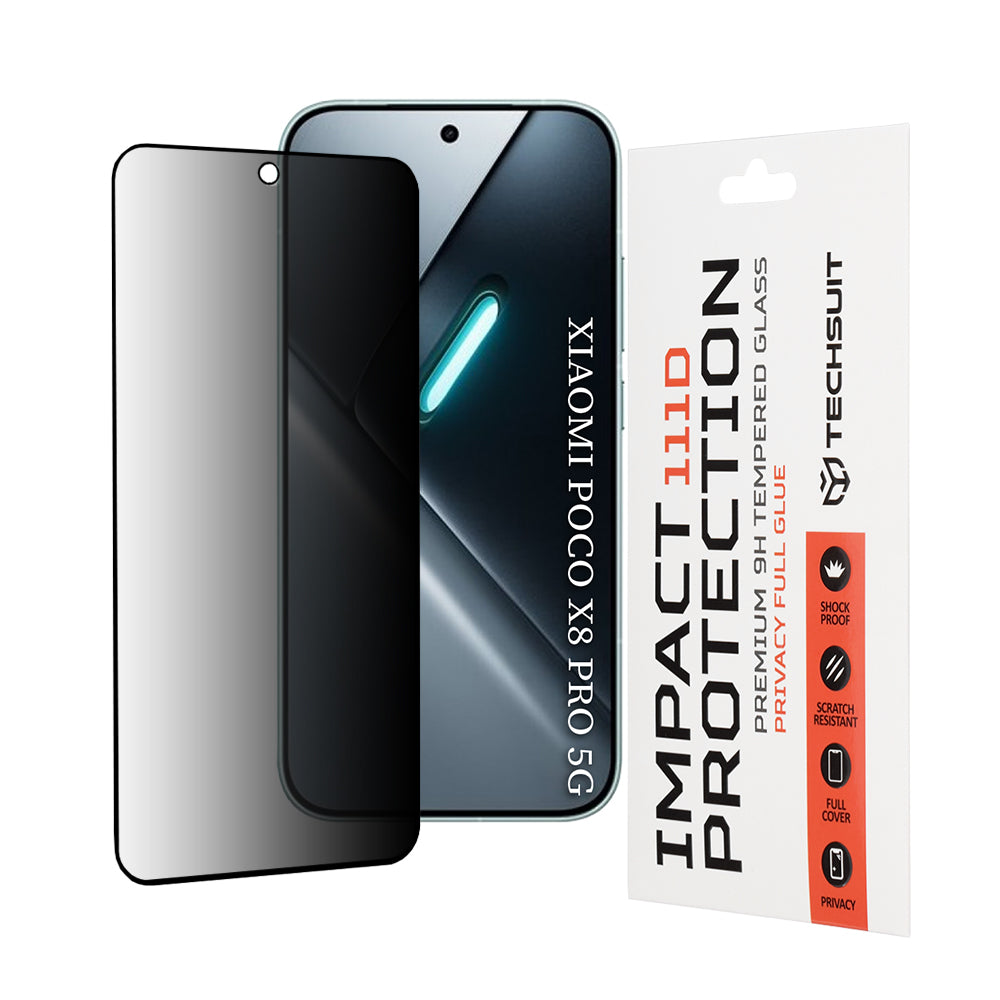 Privacy Techsuit -näytönsuojakalvo Xiaomi Poco X8 Prolle, Panssarilasi, Täysliima, 111D