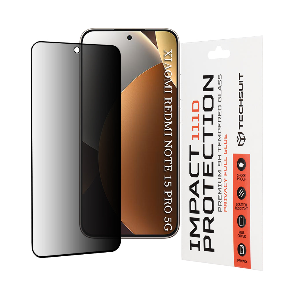 Privacy Techsuit -näytönsuojakalvo Xiaomi Redmi Note 15 Pro 5G:lle, Panssarilasi, Full Glue, 111D