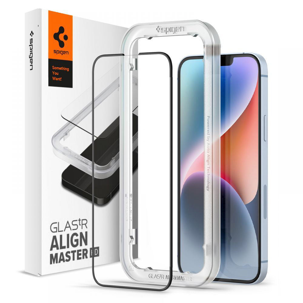 Spigen GlastR Align Master -näytönsuojakalvo Apple iPhone 17e / 16e / 14 / 13 Pro, karkaistu lasi, täysliima, musta AGL03725