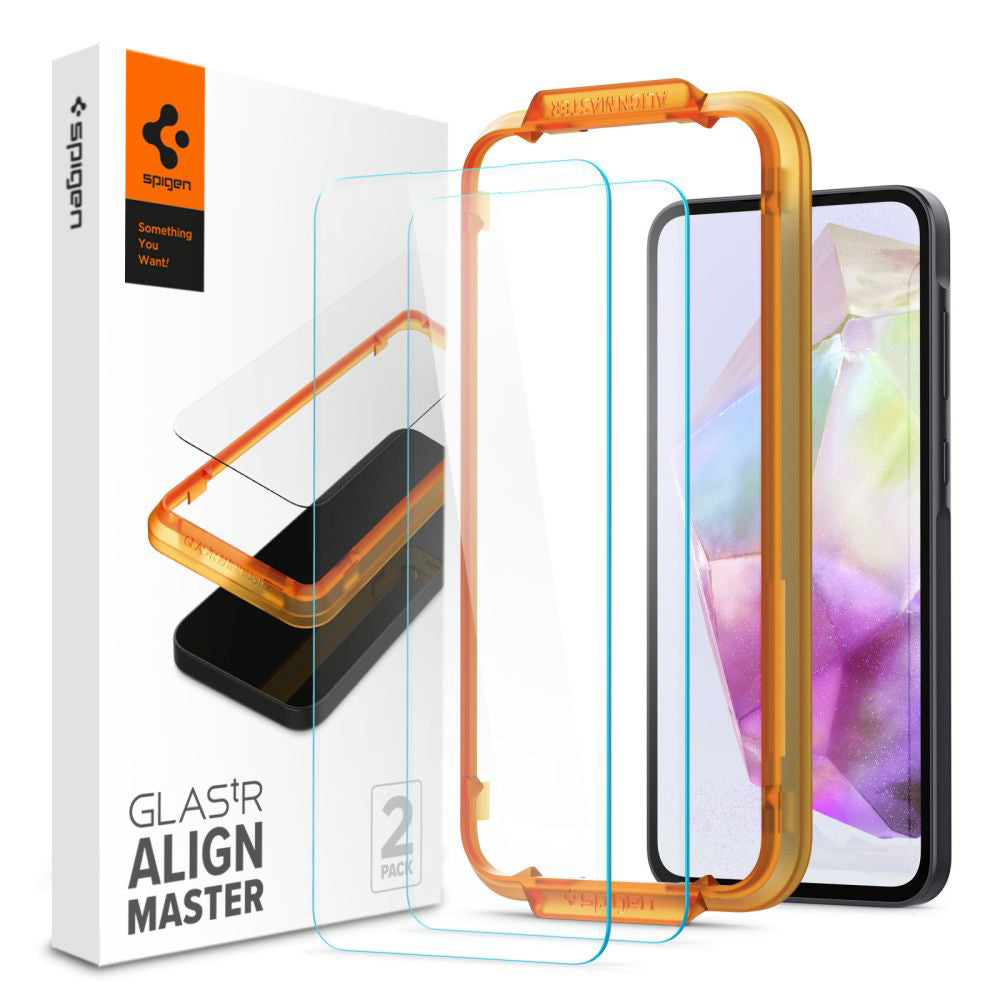Spigen GlastR Align Master -näytönsuojakalvo Samsung Galaxy M35 / A35 5G A356 -puhelimelle, karkaistu lasi, täysliima, 2 kappaleen setti AGL07772