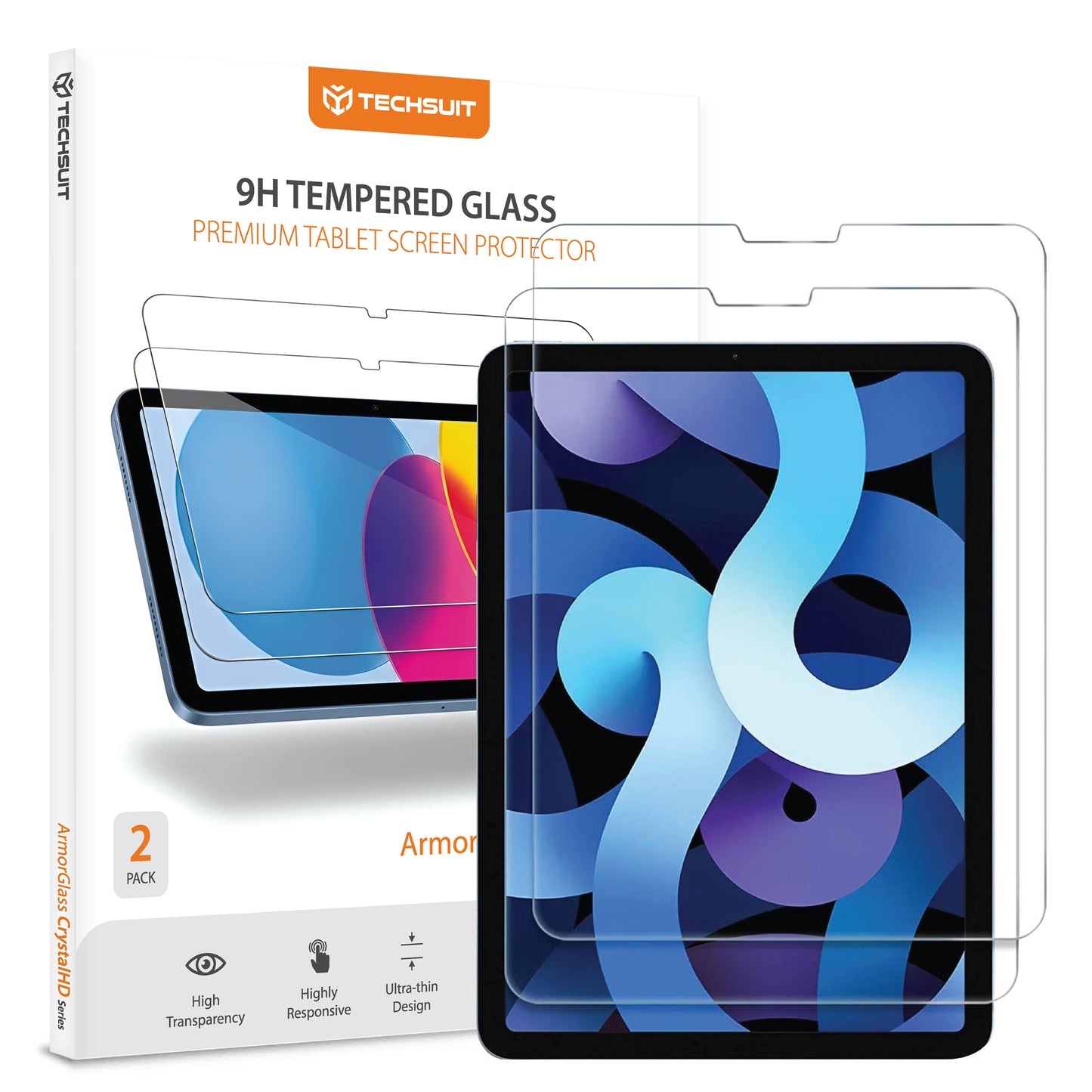 Techsuit ArmorGlass CrystalHD -suojakalvo Apple iPad Air 11 (2024) / Air (2022) -laitteille, Panssarilasi, Täysliima, 2 kappaleen setti