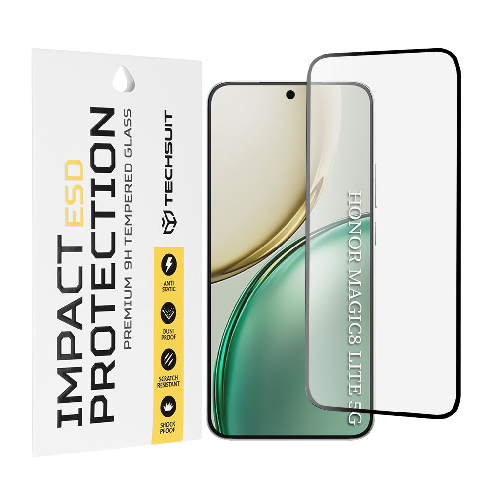 Techsuit-suojakalvo Honor Magic8 Lite -puhelimelle, karkaistu lasi, täysliima, musta