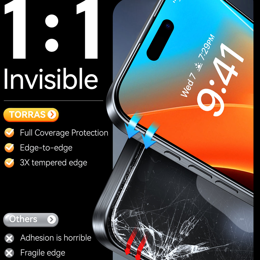 Torras GlassGo Install Master -suojakalvo Apple iPhone 16:lle, karkaistu lasi, täysliima, musta