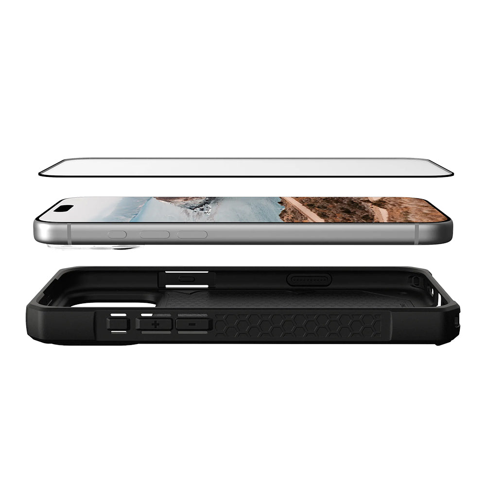 Urban Armor Gear Shield -suojakalvo Apple iPhone 17 Prolle, karkaistu lasi, täysliima, musta