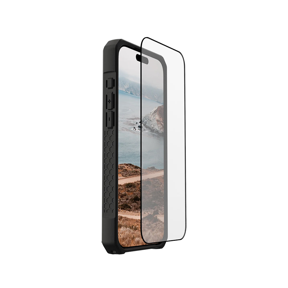 Urban Armor Gear Shield -suojakalvo Apple iPhone 17 Prolle, karkaistu lasi, täysliima, musta