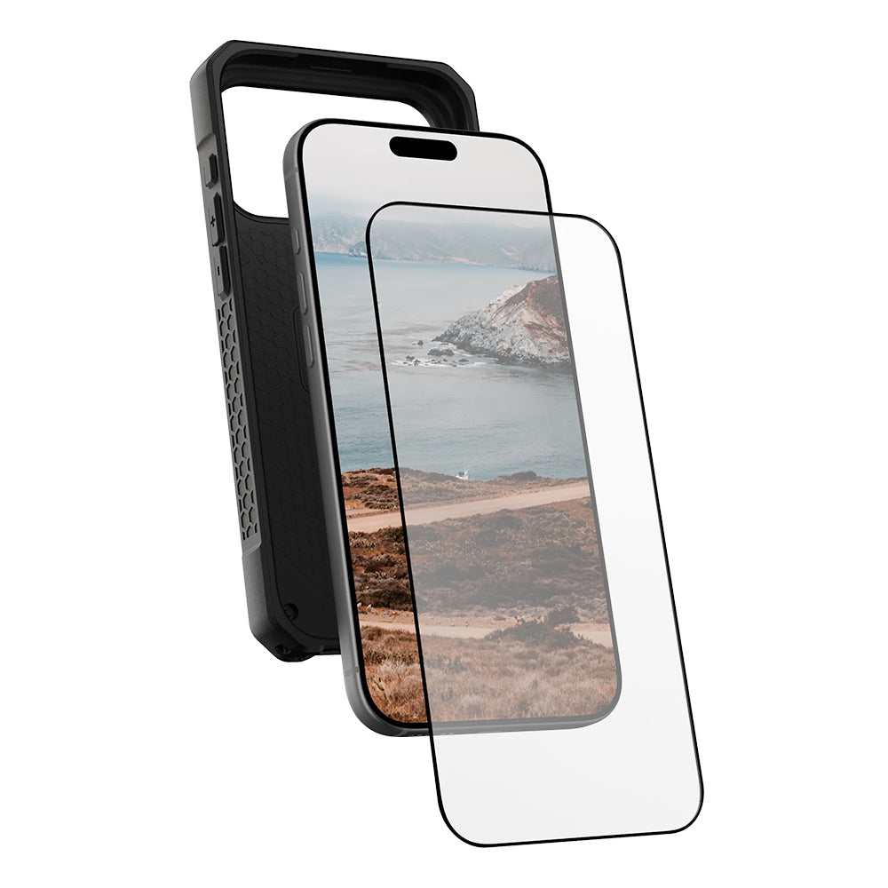 Urban Armor Gear Shield -suojakalvo Apple iPhone 17 Prolle, karkaistu lasi, täysliima, musta