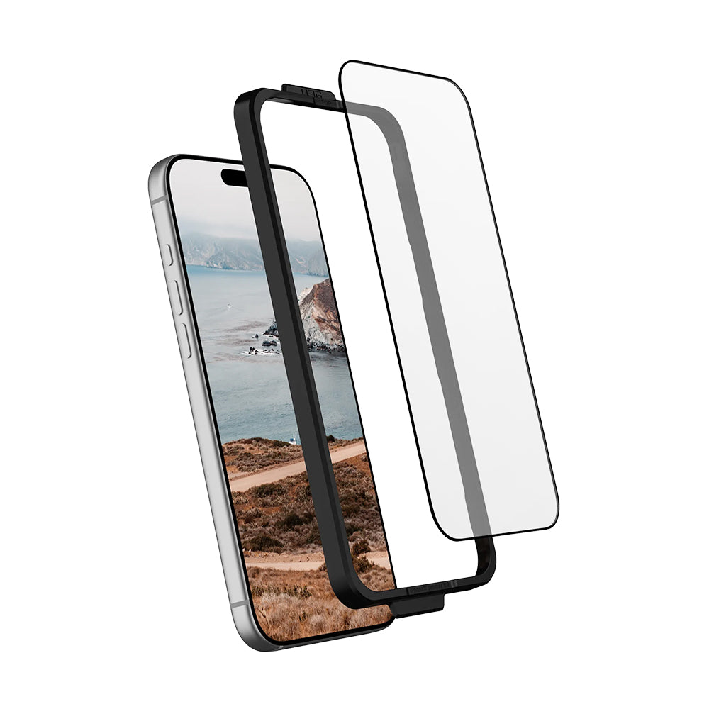 Urban Armor Gear Shield -suojakalvo Apple iPhone 17 Prolle, karkaistu lasi, täysliima, musta