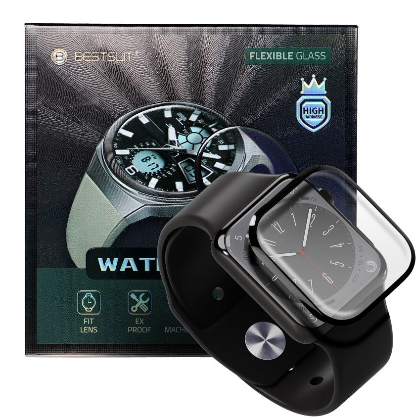 Bestsuit Suojahylsy Apple Watch 9/8 45mm -sarjalle, joustava lasi, musta