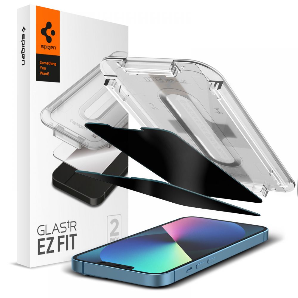 Spigen GlastR EZ FIT Privacy-näytönsuoja Apple iPhone 17e / 16e / 14 / 13 Pro -malleille, karkaistu lasi, täyteeliimalla, 2 kappaleen setti AGL03388