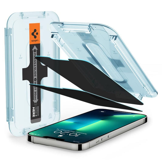 Spigen GlastR EZ FIT Privacy-näytönsuoja Apple iPhone 17e / 16e / 14 / 13 Pro -malleille, karkaistu lasi, täyteeliimalla, 2 kappaleen setti AGL03388