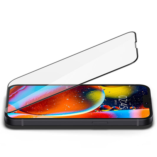 Spigen GlastR Slim -suojakalvo Apple iPhone 17e / 16e / 14 / 13 Pro -puhelimille, Karkaistu lasi, Täysliima, Musta AGL03392