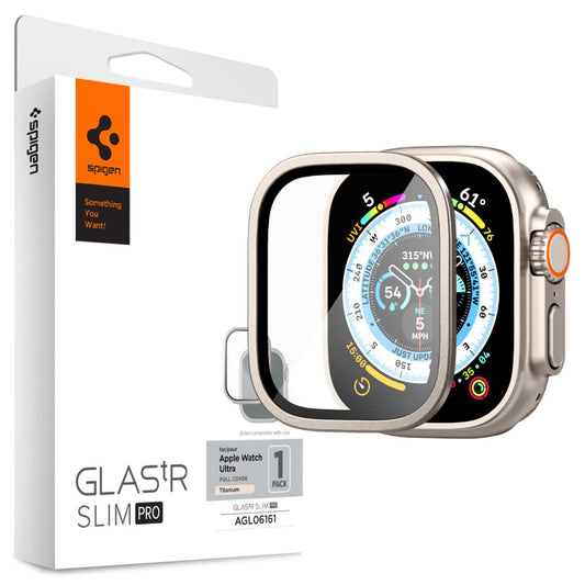 Spigen GLAStR Slim Pro Titanium Apple Watch Ultra -sarjalle, suojakalvo, lasi, suojattu AGL06161