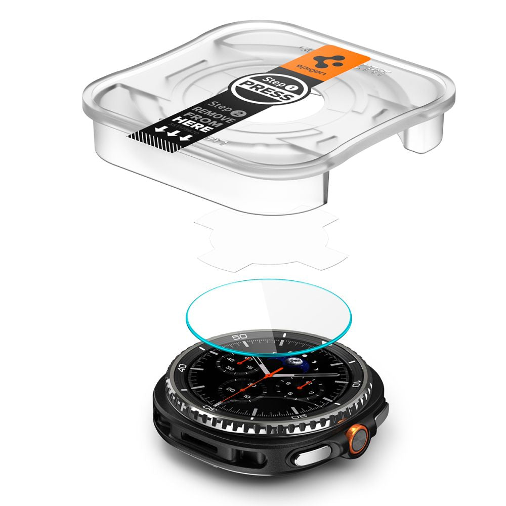 Spigen GlastR EZ FIT -suojakalvo Samsung Galaxy Watch8 Classicille, 2 kappaleen setti, Karkaistu lasi AGL09877