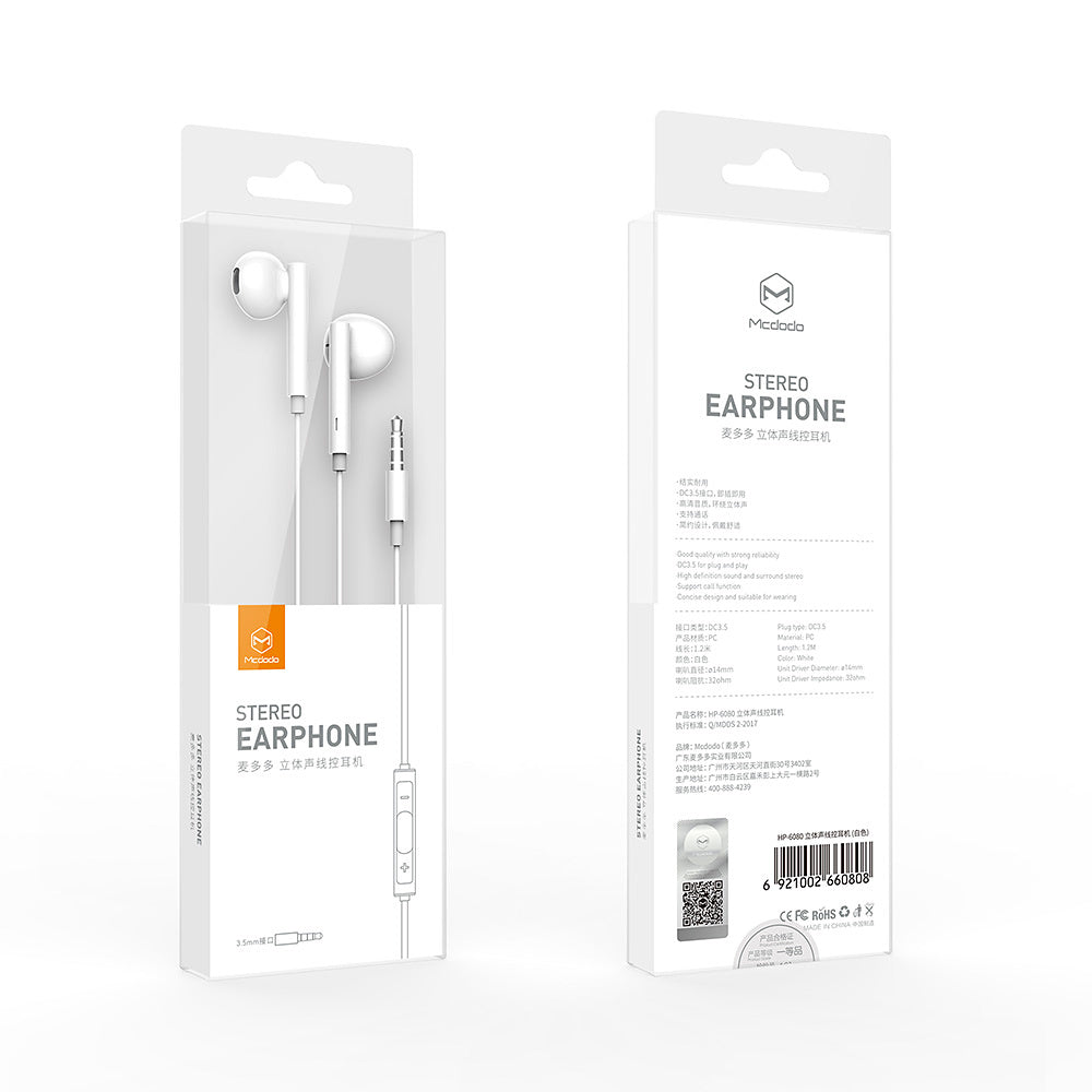 Handsfree 3.5mm McDodo HP-6080 Element, Valkoinen