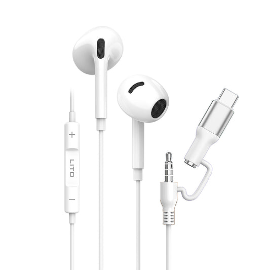 Handsfree 3.5mm / USB-C Lito LF03, Valkoinen