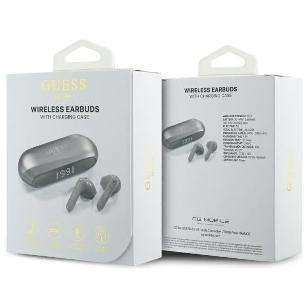 Handsfree Bluetooth Guess Elongated Metallic Printed Logo, TWS, Harmaa
