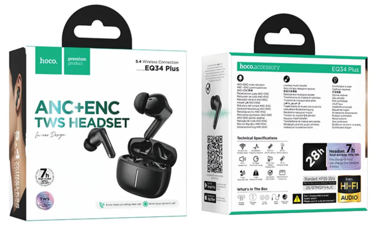 Handsfree Bluetooth HOCO EQ34 Plus, TWS, ANC, Musta