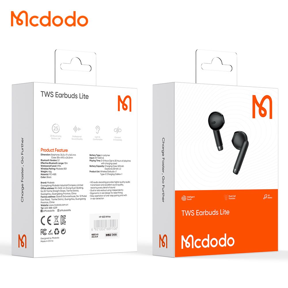 Handsfree Bluetooth McDodo HP-8031 B01, TWS, Musta