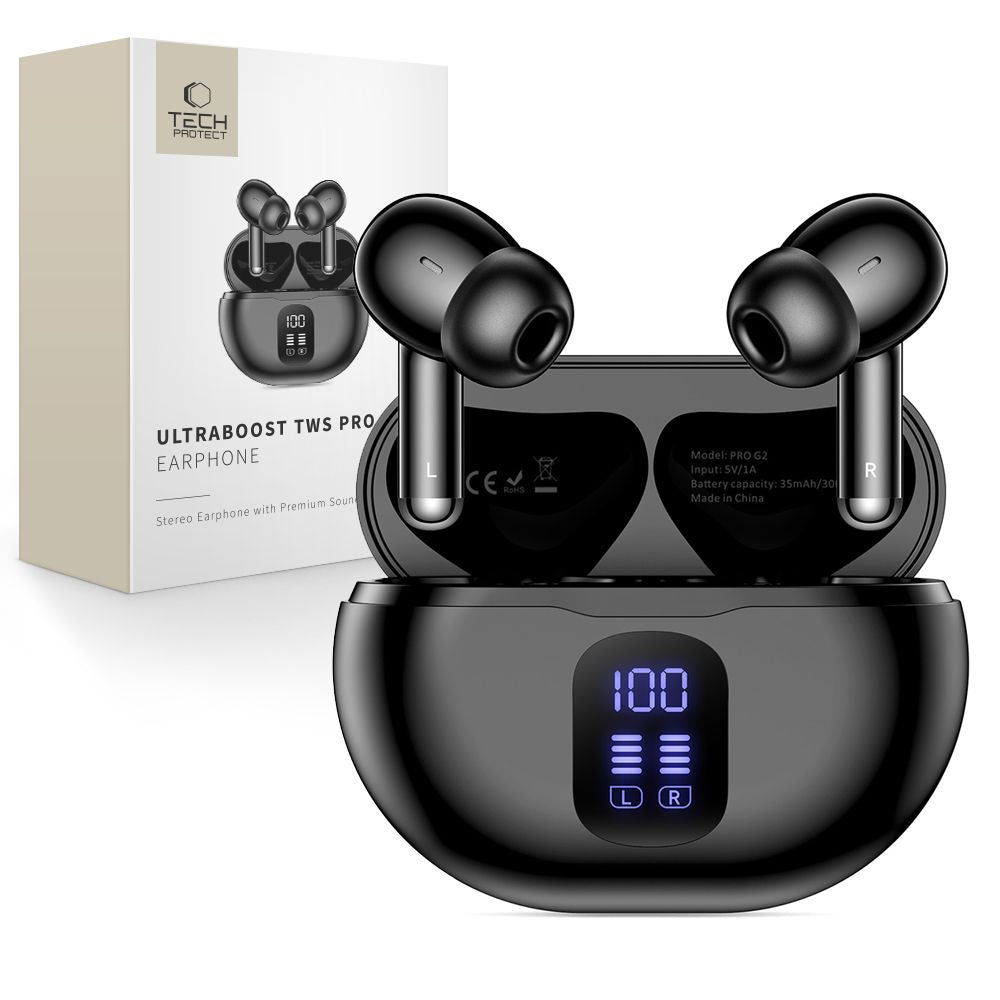 Handsfree Bluetooth Tech-Protect Ultraboost Pro G2, TWS, Musta