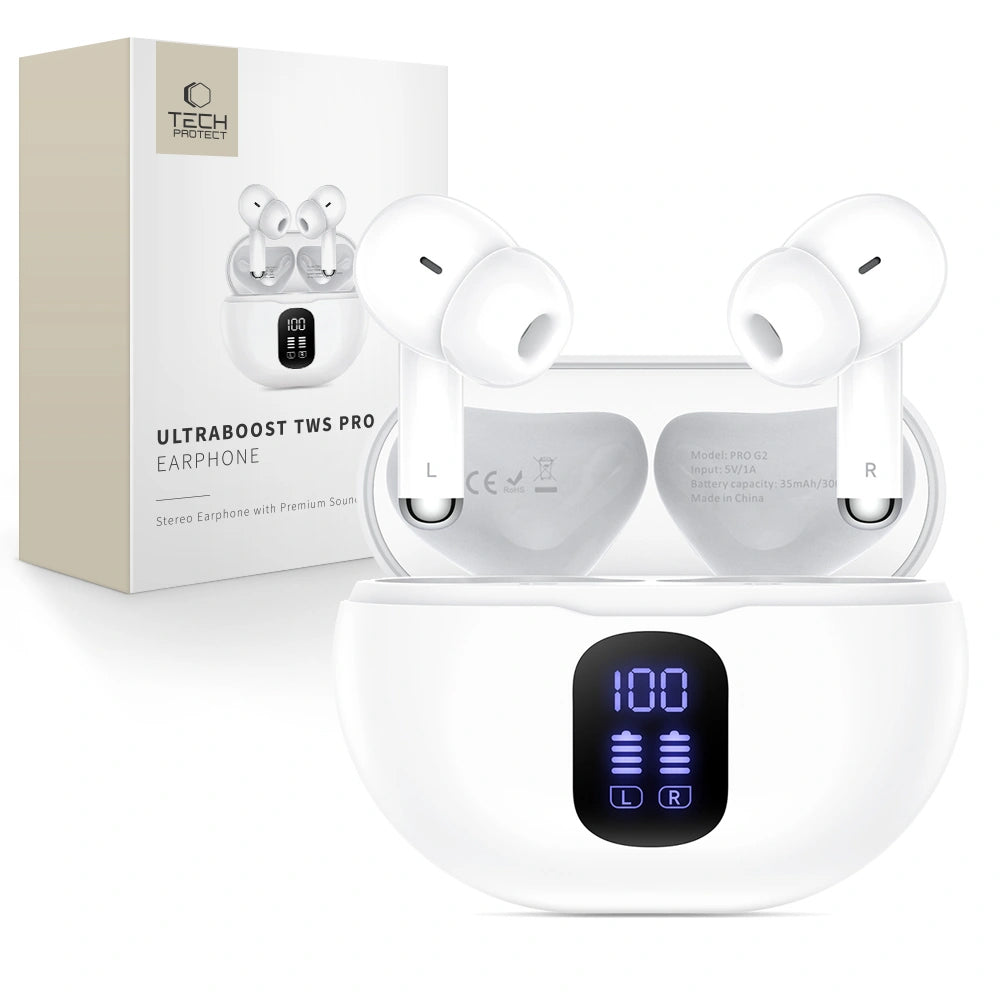 Handsfree Bluetooth Tech-Protect Ultraboost Pro G2, TWS, Valkoinen