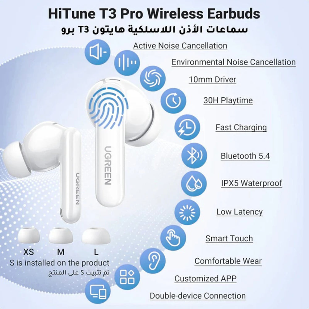 Handsfree Bluetooth UGREEN HiTune T3 Pro WS206, TWS, ANC, MultiPoint, Valkoinen
