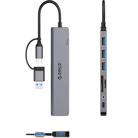 Hub USB / USB-C Orico YSA8-U3, 1 x USB-A 3.0 - 3 x USB-A - 1 x USB-C - 1 x Jack 3.5mm - 1 x SD - 1 x microSD, Musta