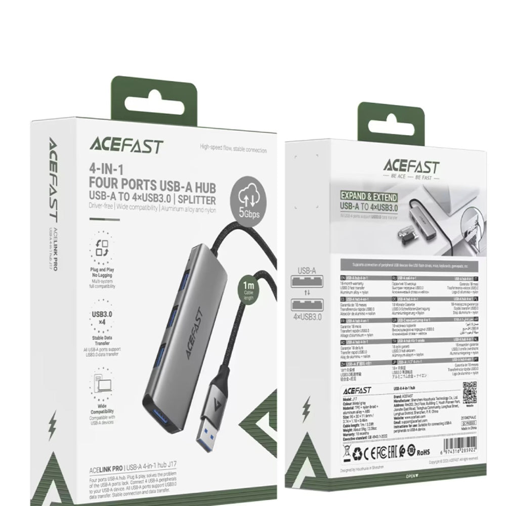 USB-hubi Acefast J17, 4in1, Harmaa