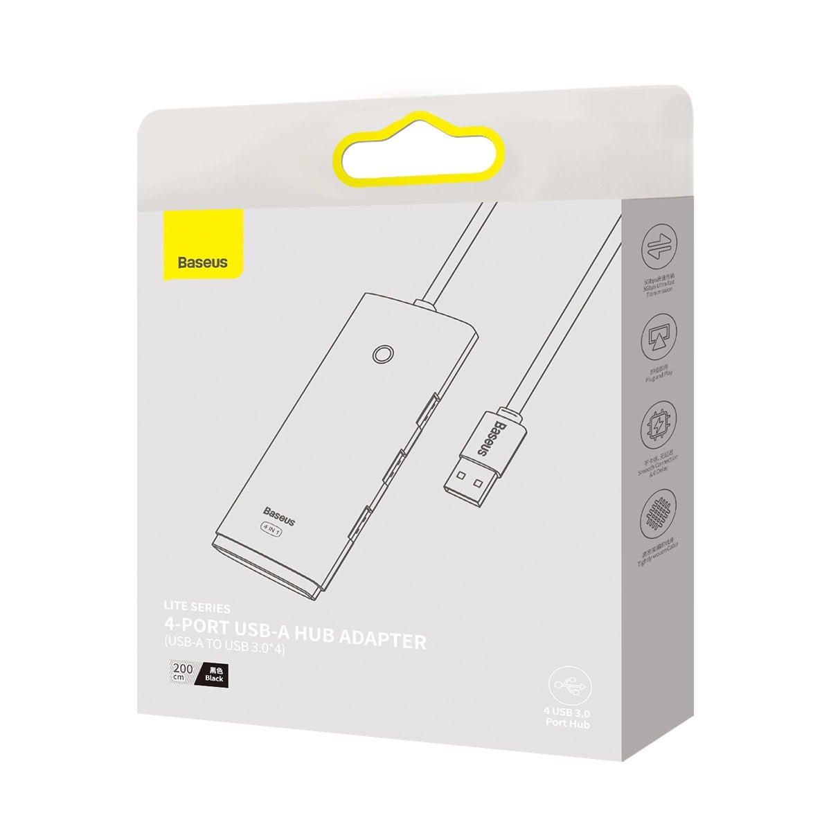 Hub USB Baseus Lite, 4 x USB-A 3.0 - 1 x USB-C, 2m, Musta WKQX030201