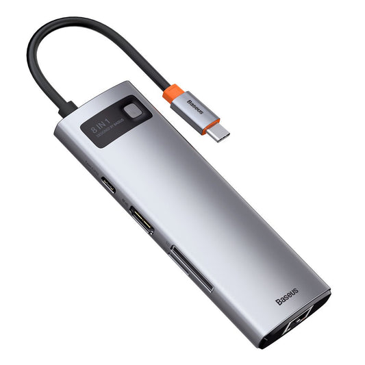 Baseus USB-C -keskitin, 3 x USB-A 3.0 - 1 x USB-C - 1 x HDMI - 1 x RJ45 - 1 x SD - 1 x microSD, Harmaa CAHUB-CV0G