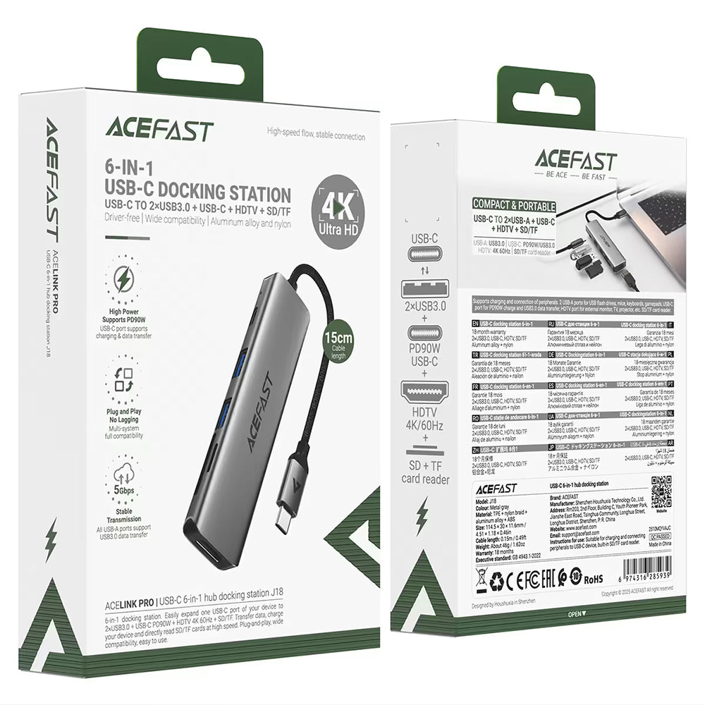 Acefast J18 USB-C Hub, 6-in-1, Gray