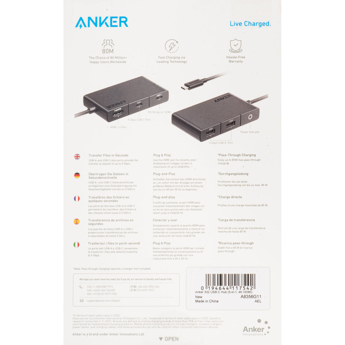USB-C-keskitin Anker 332, 2 x USB-A - 2 x USB-C - 1 x HDMI, Musta A8356G11