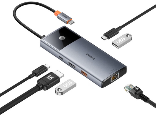 USB-C-hubi Baseus Metal Gleam II, 2 x USB-A - 2 x USB-C - 1 x HDMI - 1 x RJ45, Harmaa B00061802813-00