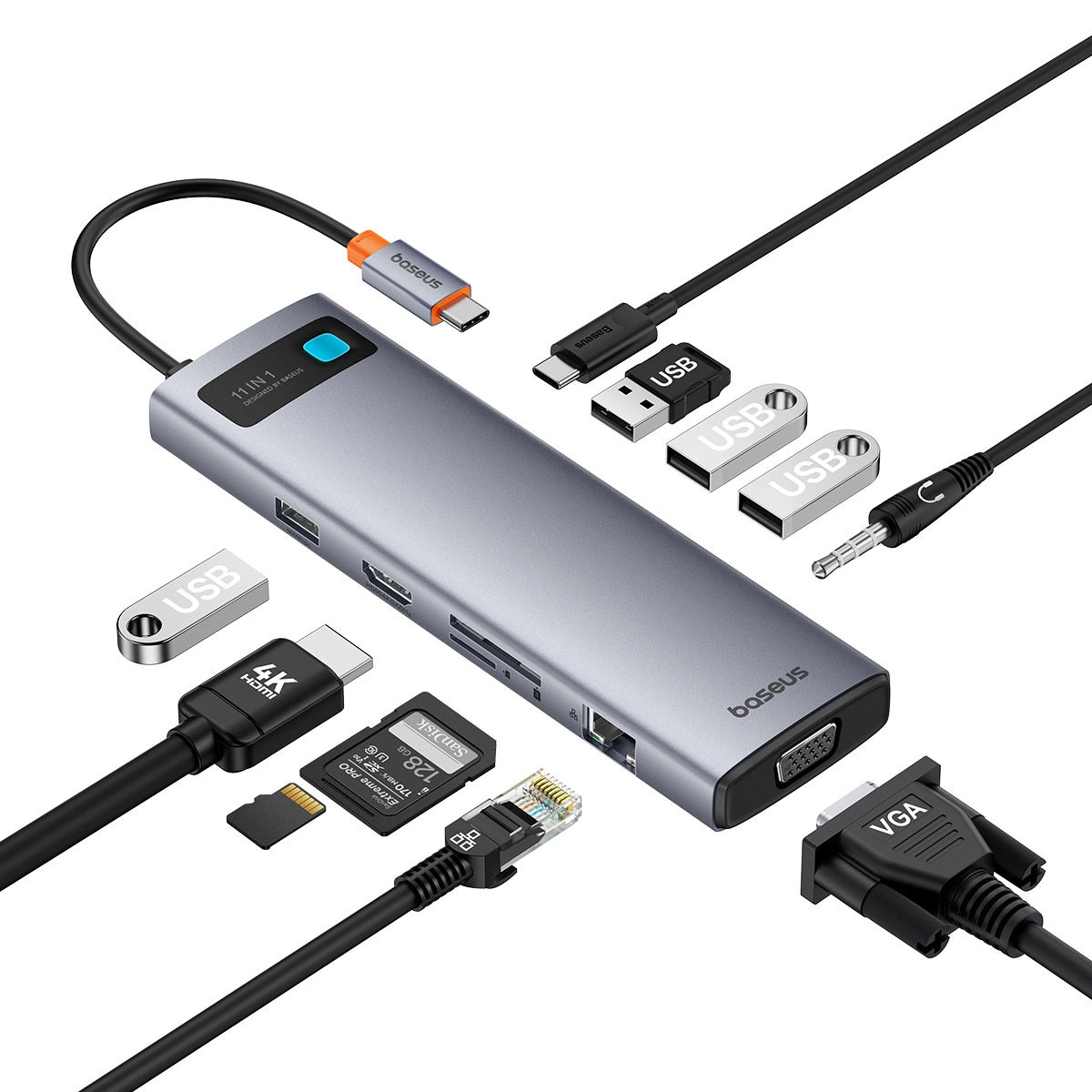 Hub USB-C Baseus Metal Gleam, 3 x USB-A 3.0 - 1 x USB-A - 1 x USB-C - 1 x HDMI - 1 x VGA - 1 x Jack 3.5mm - 1 x RJ45 - 1 x SD - 1 x microSD, Harmaa