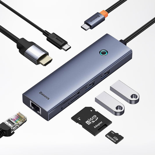 Hub USB-C Baseus UltraJoy, 2 x USB-A 3.0 - 1 x USB-C - 1 x HDMI - 1 x RJ45 - 1 x SD - 1 x microSD, Harmaa B00052805813-00