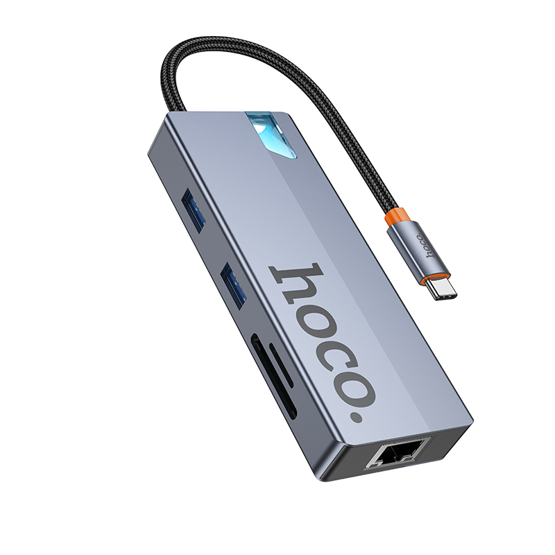 USB-C-keskitin HOCO HB52, 2 x USB-A 3.0 - 2 x USB-C - 1 x HDMI - 1 x RJ45 - 1 x SD - 1 x microSD, Harmaa
