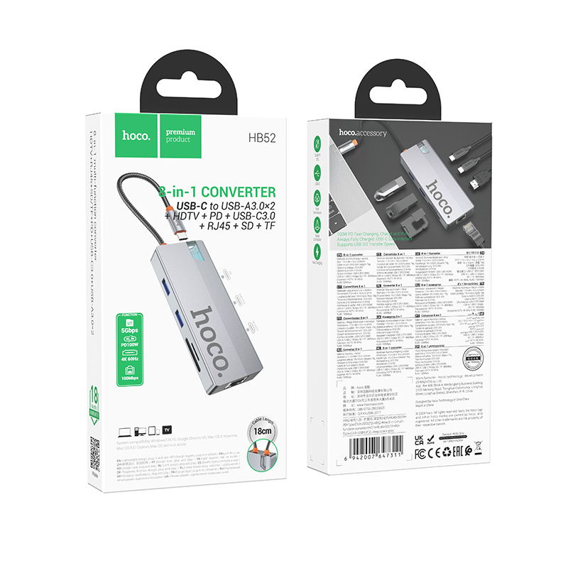 USB-C-keskitin HOCO HB52, 2 x USB-A 3.0 - 2 x USB-C - 1 x HDMI - 1 x RJ45 - 1 x SD - 1 x microSD, Harmaa