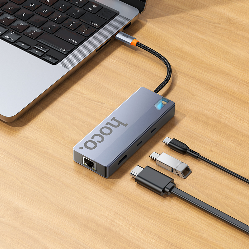 USB-C-keskitin HOCO HB52, 2 x USB-A 3.0 - 2 x USB-C - 1 x HDMI - 1 x RJ45 - 1 x SD - 1 x microSD, Harmaa