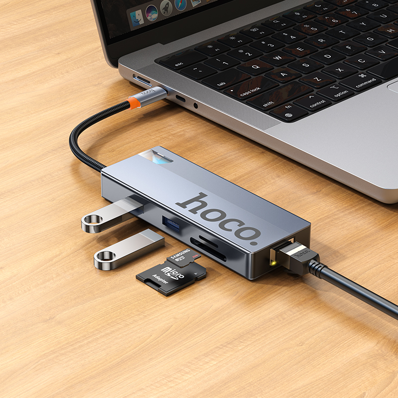 USB-C-keskitin HOCO HB52, 2 x USB-A 3.0 - 2 x USB-C - 1 x HDMI - 1 x RJ45 - 1 x SD - 1 x microSD, Harmaa