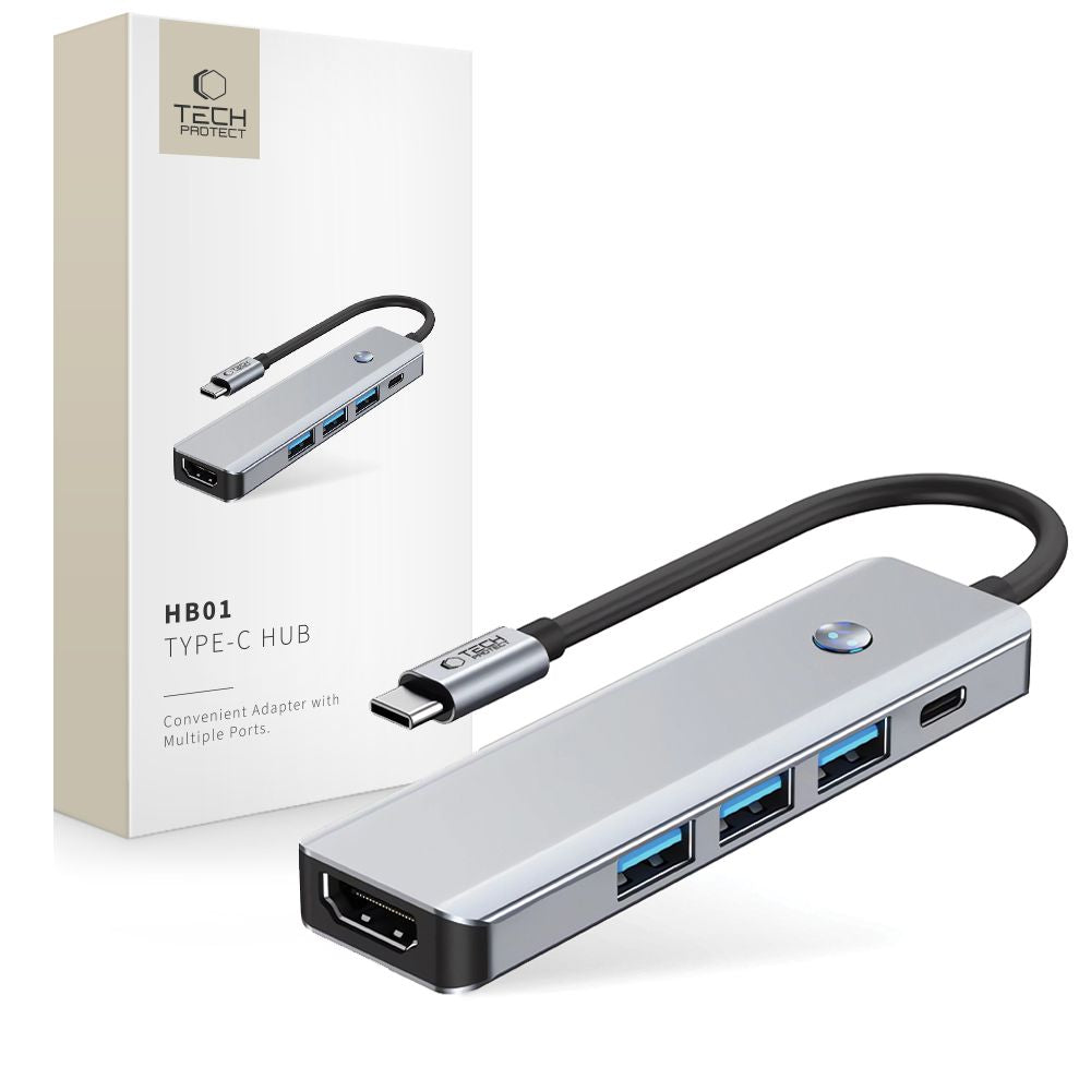 Tech-Protect HB01 USB-C Hub, 1 x USB-A 3.0 - 2 x USB-A - 1 x USB-C - 1 x HDMI, Gray